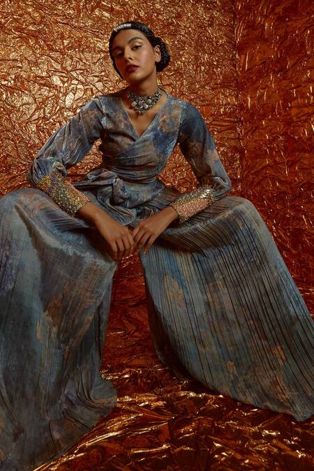 Buy_Nirmooha_Grey Velvet Chiffon V Neck Printed Wrap Top And Sharara Set _Online_at_Aza_Fashions