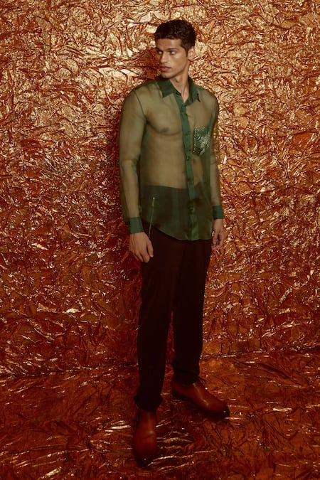 Nirmooha Green Organza And Micro Cording Sheer Shirt & Pant Set Online at Aza Fashions Nirmooha_Green Organza And Micro Cording Sheer Shirt & Pant Set _Online_at_Aza_Fashions