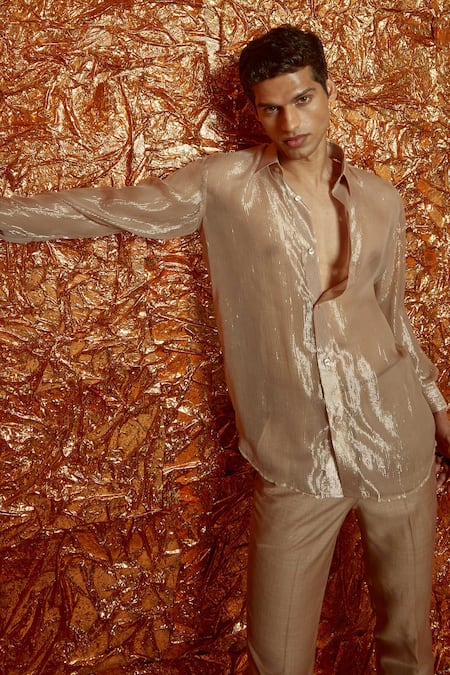 Nirmooha_Beige Lurex And Suiting Spread Collar Shirt & Pant Set _at_Aza_Fashions