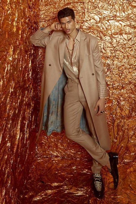 Nirmooha_Beige Suiting Notch Collar Trench Coat With Belt _Online_at_Aza_Fashions