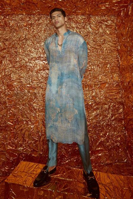 Nirmooha_Grey Chiffon And Nokia Silk Printed Kurta & Pant Set _Online_at_Aza_Fashions