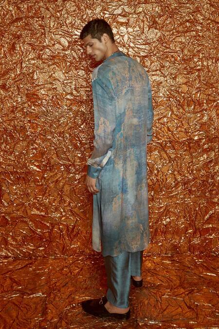 Buy_Nirmooha_Grey Chiffon And Nokia Silk Printed Kurta & Pant Set _Online_at_Aza_Fashions