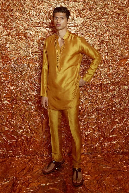 Shop_Nirmooha_Yellow Nokia Slik Short Kurta And Pant Set _Online_at_Aza_Fashions