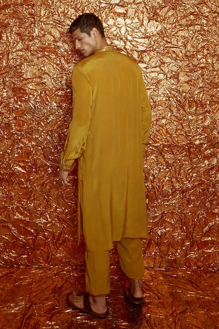 Nirmooha_Yellow Crepe Band Collar Kurta And Pant Set _Online_at_Aza_Fashions