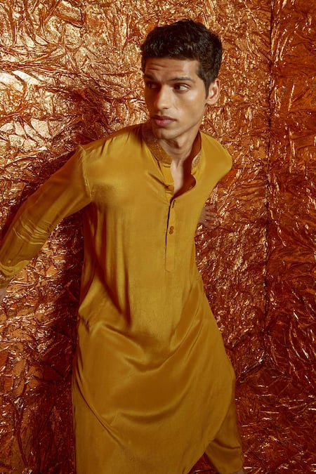 Buy_Nirmooha_Yellow Crepe Band Collar Kurta And Pant Set _Online_at_Aza_Fashions