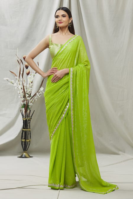 Ranian Green Silk Georgette Lace , Zari Square Neck Woven Saree With Blouse Online at Aza Fashions Ranian_Green Silk Georgette Lace , Zari Square Neck Woven Saree With Blouse _Online_at_Aza_Fashions