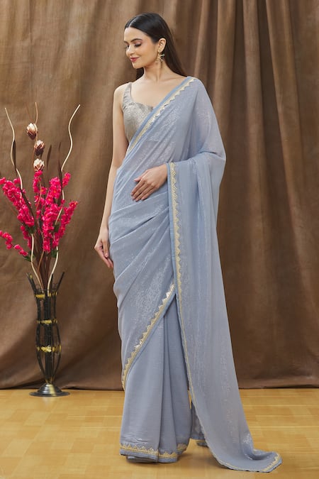 Ranian_Blue Silk Georgette Lace , Zari Square Neck Woven Saree With Blouse_Online_at_Aza_Fashions