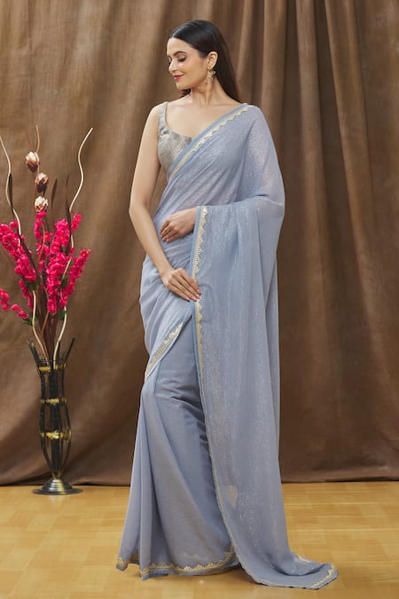Buy_Ranian_Blue Silk Georgette Lace , Zari Square Neck Woven Saree With Blouse_Online_at_Aza_Fashions
