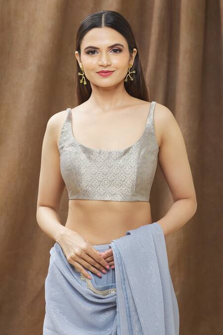 Shop_Ranian_Blue Silk Georgette Lace , Zari Square Neck Woven Saree With Blouse_Online_at_Aza_Fashions