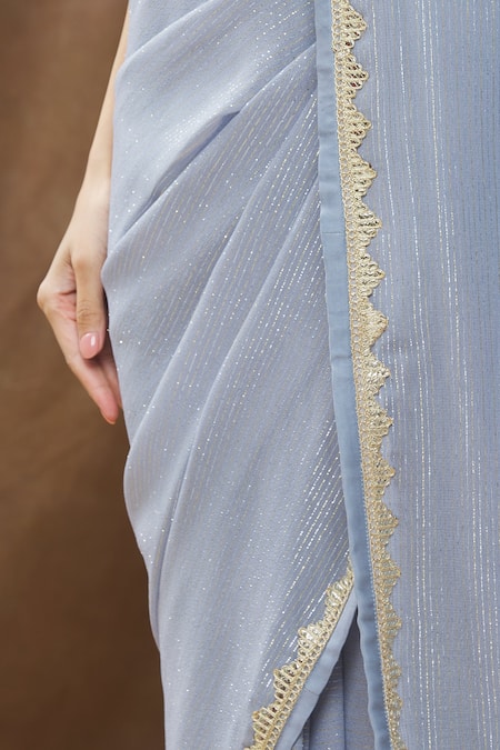 Ranian_Blue Silk Georgette Lace , Zari Square Neck Woven Saree With Blouse_at_Aza_Fashions