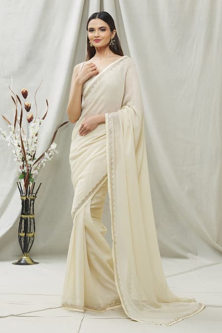 Ranian White Silk Georgette Lace , Zari Square Neck Woven Saree With Blouse Online at Aza Fashions Ranian_White Silk Georgette Lace , Zari Square Neck Woven Saree With Blouse _Online_at_Aza_Fashions