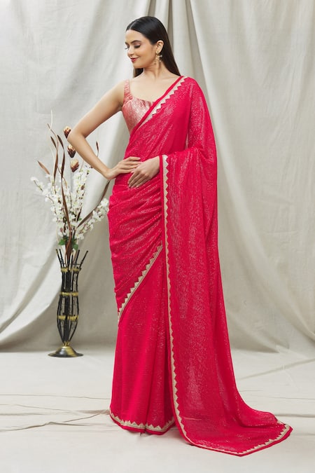 Apple Red Saree In Organza With Bud Embroidered Floral Buttis And Pallu  Along With Unstitched Blouse | Red saree, Elegant dresses, Designer dresses  indian