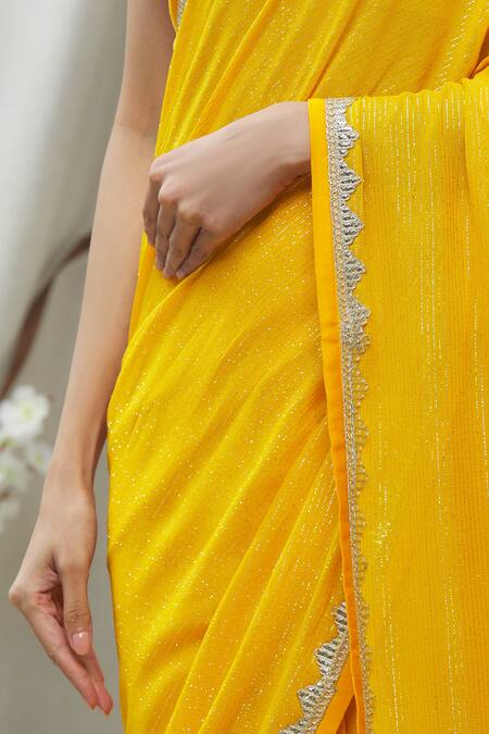 Shop Ranian Yellow Silk Georgette Lace , Zari Square Neck Woven Saree With Blouse Online at Aza Fashions Shop_Ranian_Yellow Silk Georgette Lace , Zari Square Neck Woven Saree With Blouse _Online_at_Aza_Fashions