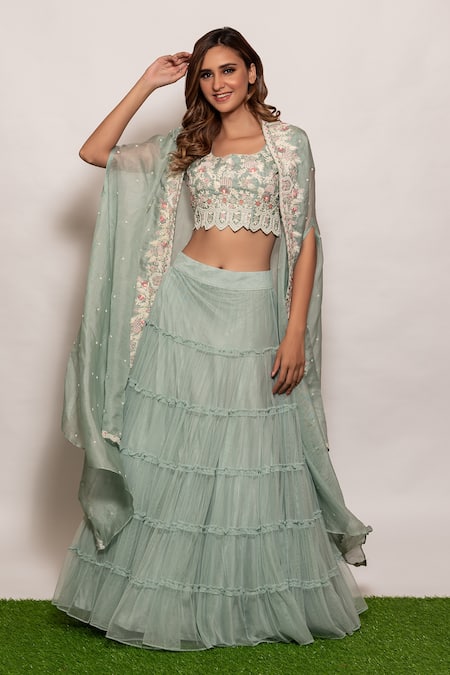 Vara by Vibha n Priti Scallop Embroidered Cape Lehenga Set 