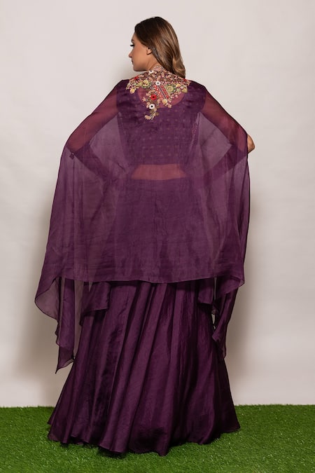 Shop_Vara By Vibha N Priti_Purple Organza Thread Work Square Neck Hand Embroidered Cape Lehenga Set _at_Aza_Fashions
