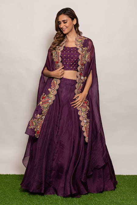 Vara By Vibha N Priti_Purple Organza Thread Work Square Neck Hand Embroidered Cape Lehenga Set _Online_at_Aza_Fashions