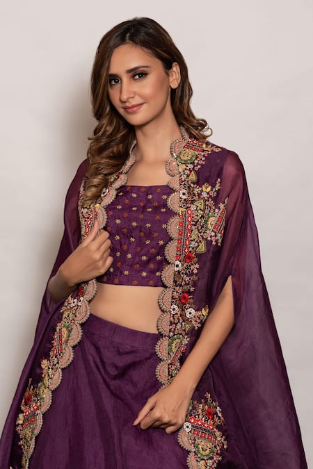 Buy_Vara By Vibha N Priti_Purple Organza Thread Work Square Neck Hand Embroidered Cape Lehenga Set _Online_at_Aza_Fashions