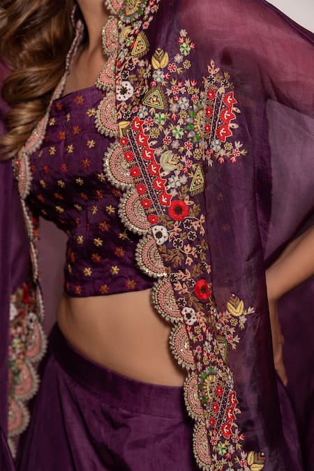 Shop_Vara By Vibha N Priti_Purple Organza Thread Work Square Neck Hand Embroidered Cape Lehenga Set _Online_at_Aza_Fashions