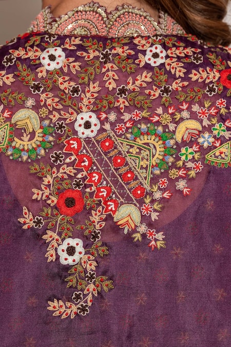 Vara By Vibha N Priti_Purple Organza Thread Work Square Neck Hand Embroidered Cape Lehenga Set _at_Aza_Fashions