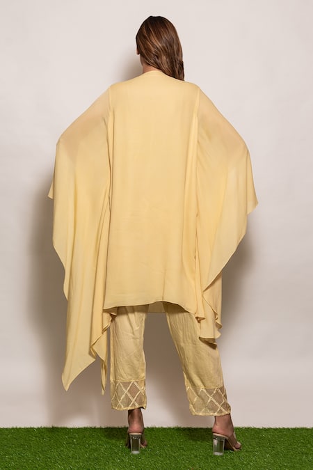 Shop_Vara By Vibha N Priti_Yellow Georgette Thread Work Round Hand Embroidered Kaftan Tunic And Pant Set _at_Aza_Fashions