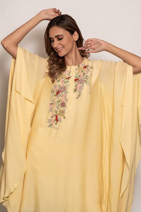 Shop_Vara By Vibha N Priti_Yellow Georgette Thread Work Round Hand Embroidered Kaftan Tunic And Pant Set _Online_at_Aza_Fashions