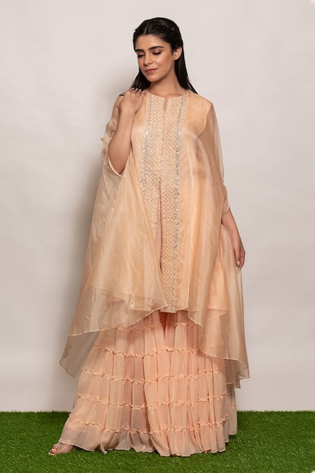 Vara By Vibha N Priti_Pink Organza, Chiffon Mirror Work, Embroidered Cape Style Tunic Sharara Set _Online_at_Aza_Fashions