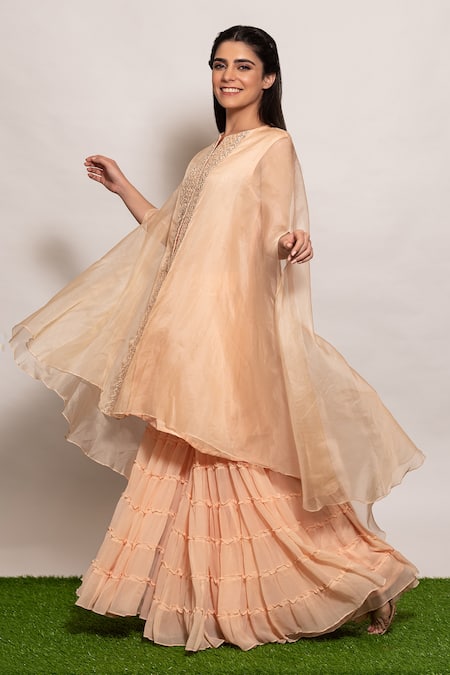 Buy_Vara By Vibha N Priti_Pink Organza, Chiffon Mirror Work, Embroidered Cape Style Tunic Sharara Set _Online_at_Aza_Fashions
