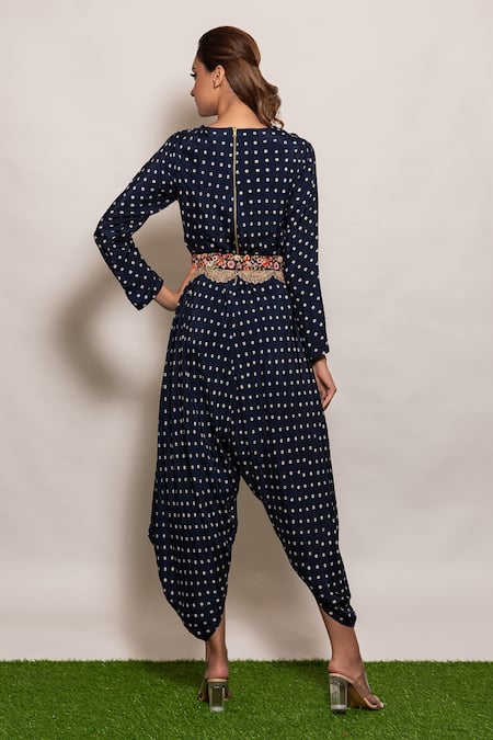 Shop_Vara by Vibha n Priti_Blue Habutai Silk Thread Work, Bandhani Round Print Dhoti Style Jumpsuit _at_Aza_Fashions