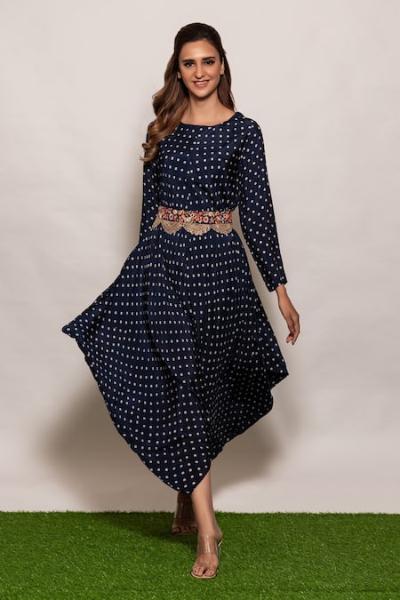 Vara by Vibha n Priti_Blue Habutai Silk Thread Work, Bandhani Round Print Dhoti Style Jumpsuit _Online_at_Aza_Fashions