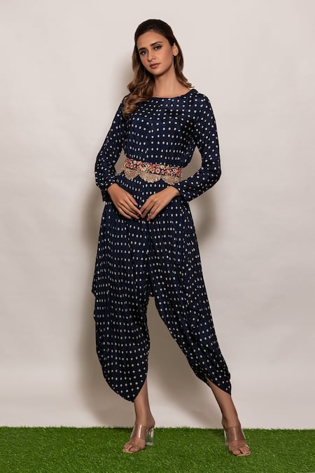 Buy_Vara by Vibha n Priti_Blue Habutai Silk Thread Work, Bandhani Round Print Dhoti Style Jumpsuit _Online_at_Aza_Fashions