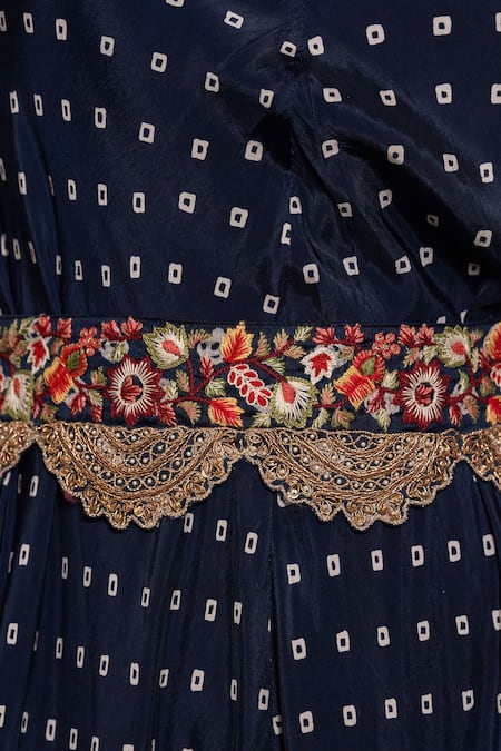 Vara by Vibha n Priti_Blue Habutai Silk Thread Work, Bandhani Round Print Dhoti Style Jumpsuit _at_Aza_Fashions