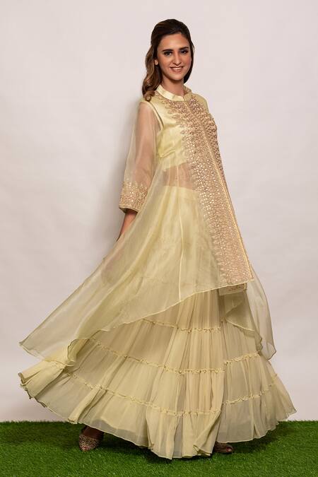 Vara By Vibha N Priti_Green Organza, Chiffon Bead Work, Embroidered Cape Style Tunic Sharara Set _Online_at_Aza_Fashions