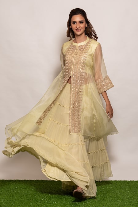 Buy_Vara By Vibha N Priti_Green Organza, Chiffon Bead Work, Embroidered Cape Style Tunic Sharara Set _Online_at_Aza_Fashions