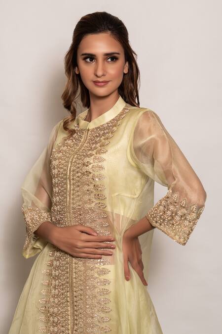 Shop_Vara By Vibha N Priti_Green Organza, Chiffon Bead Work, Embroidered Cape Style Tunic Sharara Set _Online_at_Aza_Fashions