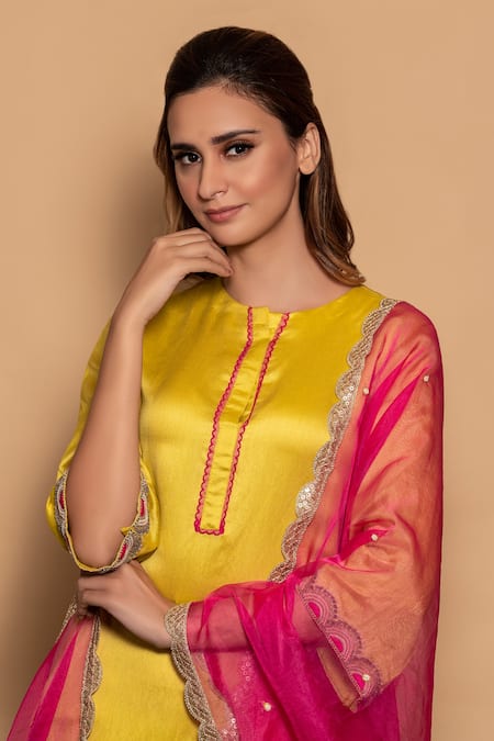 Shop_Vara By Vibha N Priti_Yellow Muga Silk Thread Work Round Placement Embroidered Kurta Set _Online_at_Aza_Fashions
