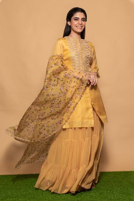 Vara By Vibha N Priti_Yellow Organza, Chiffon Bead Work, Gota Work, Hand Embroidered Kurta Sharara Set _Online_at_Aza_Fashions