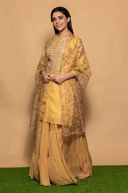 Buy_Vara By Vibha N Priti_Yellow Organza, Chiffon Bead Work, Gota Work, Hand Embroidered Kurta Sharara Set _Online_at_Aza_Fashions