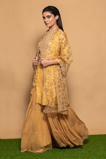 Shop_Vara By Vibha N Priti_Yellow Organza, Chiffon Bead Work, Gota Work, Hand Embroidered Kurta Sharara Set _Online_at_Aza_Fashions