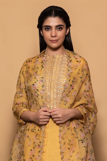 Vara By Vibha N Priti_Yellow Organza, Chiffon Bead Work, Gota Work, Hand Embroidered Kurta Sharara Set _at_Aza_Fashions