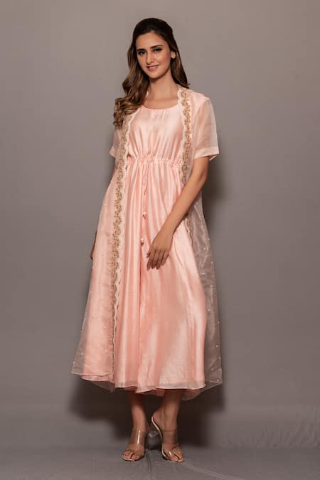 Vara By Vibha N Priti_Pink Organza, Muga Bead , Thread Hand Embroidered Cape And Jumpsuit Set _Online_at_Aza_Fashions