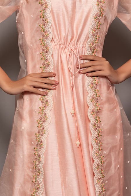 Vara By Vibha N Priti_Pink Organza, Muga Bead , Thread Hand Embroidered Cape And Jumpsuit Set _at_Aza_Fashions