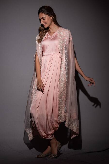 Vara By Vibha N Priti_Pink Organza, Satin Modal Thread Work V Neck Hand Embroidered Cape Jumpsuit Set _Online_at_Aza_Fashions