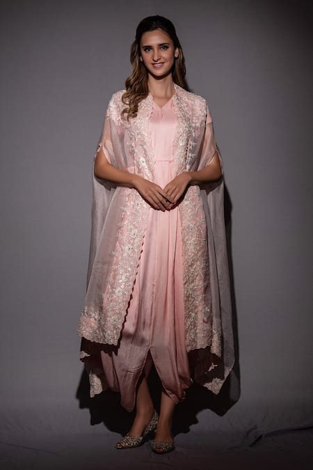 Buy_Vara By Vibha N Priti_Pink Organza, Satin Modal Thread Work V Neck Hand Embroidered Cape Jumpsuit Set _Online_at_Aza_Fashions