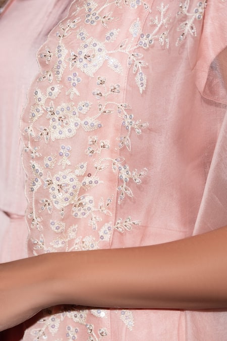 Vara By Vibha N Priti_Pink Organza, Satin Modal Thread Work V Neck Hand Embroidered Cape Jumpsuit Set _at_Aza_Fashions