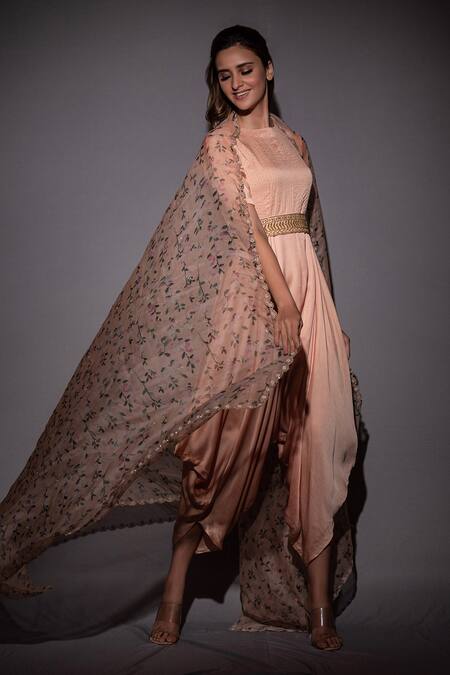 Vara By Vibha N Priti_Peach Silk, Organza Floral, Thread Work Round Hand Embroidered Cape Jumpsuit Set _Online_at_Aza_Fashions
