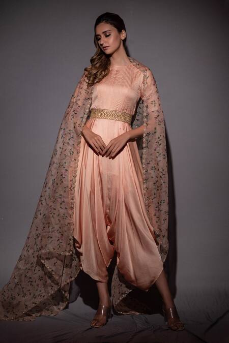 Buy_Vara By Vibha N Priti_Peach Silk, Organza Floral, Thread Work Round Hand Embroidered Cape Jumpsuit Set _Online_at_Aza_Fashions