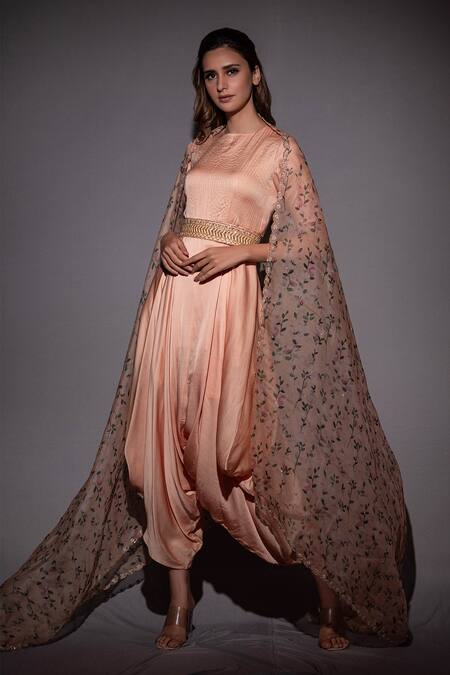 Shop_Vara By Vibha N Priti_Peach Silk, Organza Floral, Thread Work Round Hand Embroidered Cape Jumpsuit Set _Online_at_Aza_Fashions