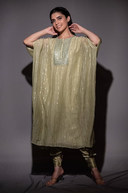 Buy_Vara By Vibha N Priti_Green Silk Chanderi Mirror , Sequins, Thread Kaftan Tunic And Pant Set _Online_at_Aza_Fashions