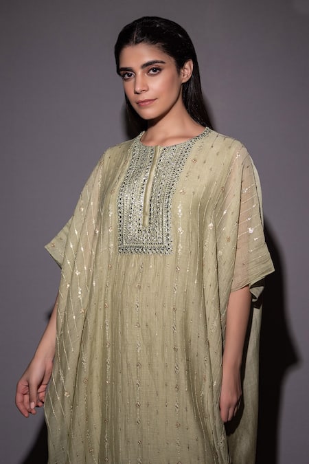 Shop_Vara By Vibha N Priti_Green Silk Chanderi Mirror , Sequins, Thread Kaftan Tunic And Pant Set _Online_at_Aza_Fashions