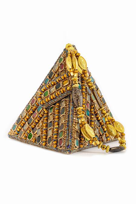 Soniya G Multi Color Embroidery Stone Work Triangular Clutch With Handle Online at Aza Fashions Soniya G_Multi Color Embroidery Stone Work Triangular Clutch With Handle_Online_at_Aza_Fashions